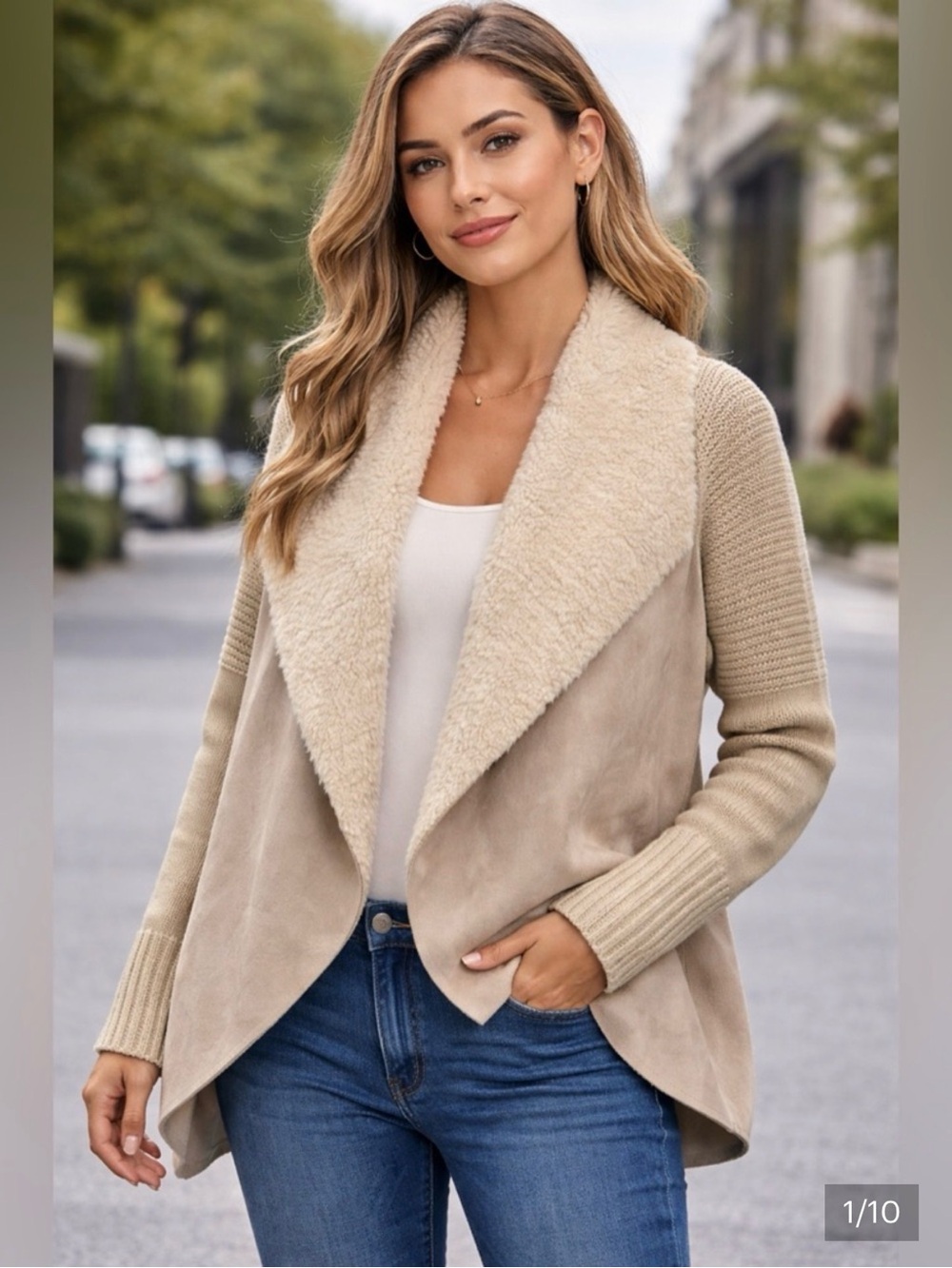 Chelsea & Theodore Taupe and Cream Faux-Shearling Open Front Cardigan